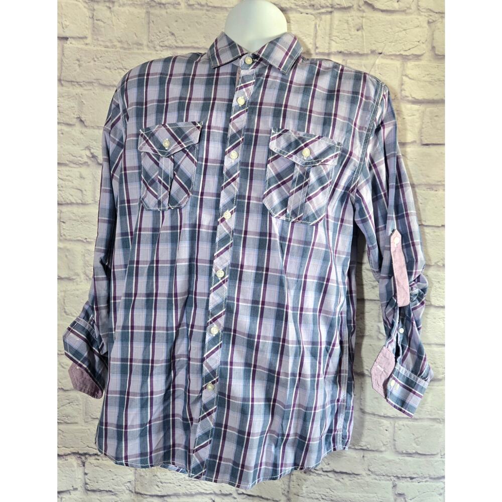 Michael Brand Purple Blue Plaid Roll Tab Sleeve Button Up Men's Shirt Medium